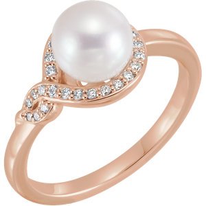 White Freshwater Cultured Pearl, Diamond Bypass Ring, 14k Rose Gold (7-7.5mm)(.125Ctw, GH Color, I1 Clarity)
