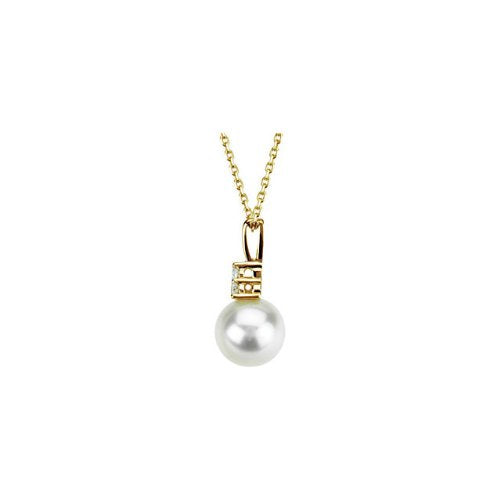 White Freshwater Cultured Pearl and Diamond Pendant Necklace, 14k Yellow Gold, 18" (7.5-8MM) (.06 Ctw, Color G-H, Clarity I1)