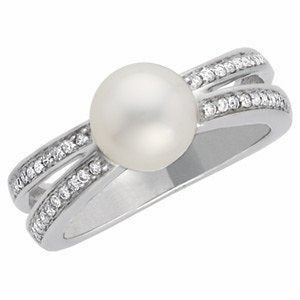 White Freshwater Cultured Pearl and Diamond Ring, 14k White Gold (8mm) (.2Ctw, H-I Color, I1 Clarity)