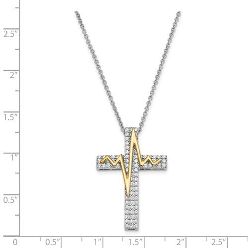 CZ Cross Pendant and Gold-Plated 'Heart Beats For You' Pendant Necklace, Rhodium-Plated Sterling Silver, 18" (32x19MM)