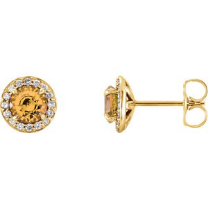 Citrine and Diamond Halo-Style Earrings, 14k Yellow Gold (4 MM) (.125 Ctw, G-H Color, I1 Clarity)