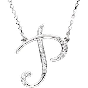 14k White Gold Diamond P Alphabet Initial Script Letter Necklace (GH Color, I1 Clarity, 1/10 Cttw)