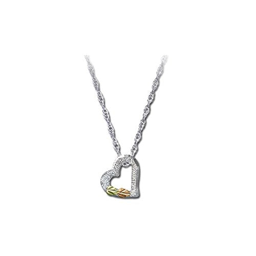 Tilted Two Leaves Heart Pendant Necklace, Sterling Silver, 12k Green and Rose Gold Black Hills Gold Motif, 18"