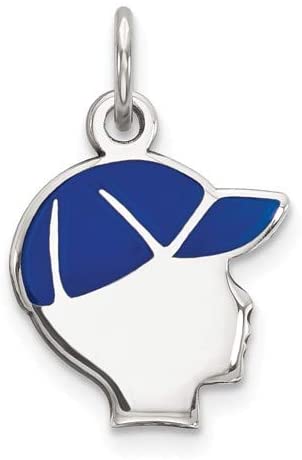 Boy's Rhodium-Plated Sterling Silver Blue Enameled Right Facing Boy Head Disc Charm (20X13MM)