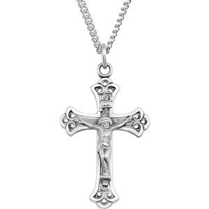 Fleur-de-Lis Crucifix Sterling Silver Pendant Necklace, 24" (32X22MM)