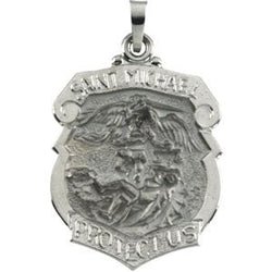 14kt White Gold St. Michael, the Archangel Medal Shield Pendant (27mm By 21mm)