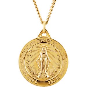 Rhodium Plated Sterling Silver 24k Gold-Plated Round Miraculous Medal Necklace, 24" (25 MM)