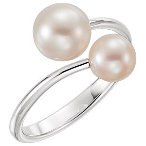 Platinum Two White Freshwater Cultured Pearls Bypass Ring (6-6, 7.5-8mm) Size 7