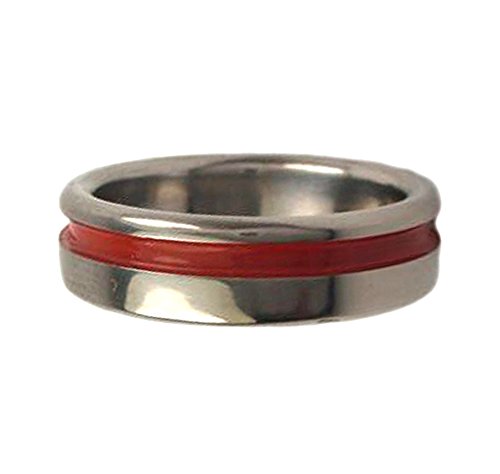 Red Grooved Pinstripe 5mm Comfort Fit Titanium Wedding Band, Size 10