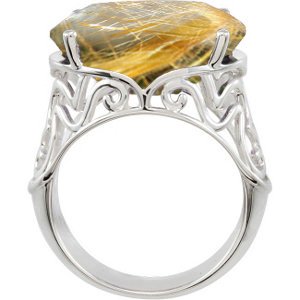 Rutilated Gold Quartz Ring, Sterling Silver Filigree, Size 8.5