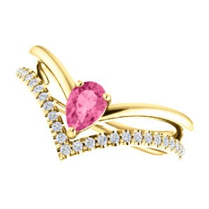 Pink Tourmaline Pear and Diamond Chevron 14k Yellow Gold Ring (.145 Ctw,G-H Color, I1 Clarity)