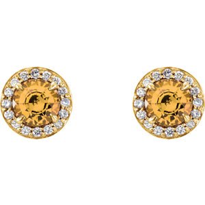 Citrine and Diamond Halo-Style Earrings, 14k Yellow Gold (4 MM) (.125 Ctw, G-H Color, I1 Clarity)