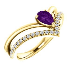 Amethyst Pear and Diamond Chevron 14k Yellow Gold Ring (.145 Ctw, G-H Color, I1 Clarity)