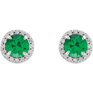 Chatham Created Emerald and Diamond Halo-Style Earrings, Rhodium-Plated 14k White Gold (5MM) (.16 Ctw, G-H Color, I1 Clarity )