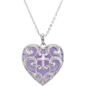 Sterling Silver and Purple Heart Cross Necklace 18"