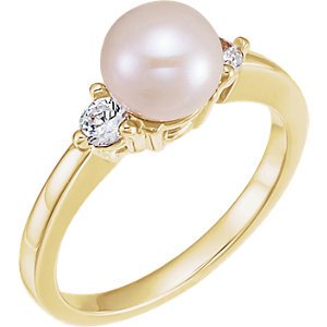 White Akoya Cultured Pearl and Diamond Ring, 14k Yellow Gold (6MM) (.16 Ctw, G-H Color, I1 Clarity)