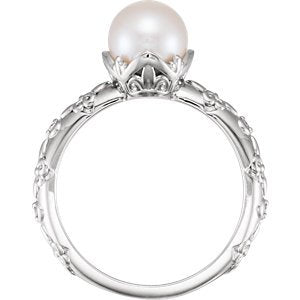 White Freshwater Cultured Pearl, Diamond Vintage Ring, Rhodium-Plated 14k White Gold (7-7.5 mm)(.02 Ctw, G-H Color, I1 Clarity)