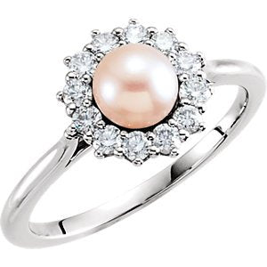 White Freshwater Cultured Pearl and Diamond Halo Ring, Rhodium-Plated 14k White Gold (5.5-6mm) (.33Ctw, G-H Color, I1 Clarity) Size 7
