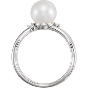 White Freshwater Cultured Pearl, Diamond Ring, Rhodium-Plated 14k White Gold (8-8.5 mm)(.04 Ctw, Color G-H, Clarity I1)