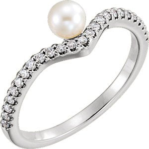 White Freshwater Cultured Pearl, Diamond Asymmetrical Ring, Rhodium-Plated 14k White Gold (4-4.5mm)(.2 Ctw, G-H Color, I1 Clarity)