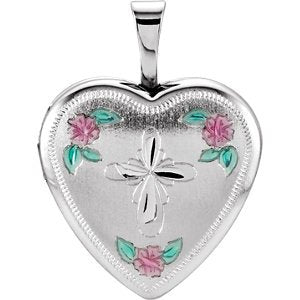 Infinity Cross and Roses Sterling Silver Heart Locket Pendant (15.75X15.75 MM)