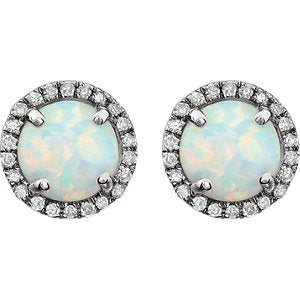 Created Opal Cabochon and Diamond Halo Button Earrings, Rhodium-Plated 14K White Gold