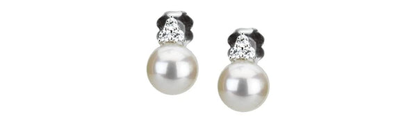 White Cultured Freshwater Pearl and Diamond Earrings, Rhodium-Plated 14k White Gold (7-7.5 MM)