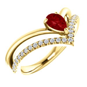 Ruby Pear and Diamond Chevron 14k Yellow Gold Ring (.145 Ctw,G-H Color, I1 Clarity)