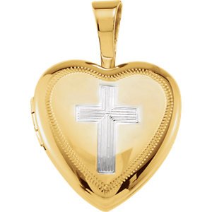 Milgrain Edge Heart with Cross 14k Yellow Gold-Plated Sterling Silver Locket (12.50X12.00 MM)