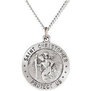 Sterling Silver Round St. Christopher U.S. Marine Corps Medal Necklace, 18" (18 MM)