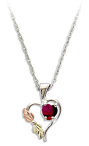 Red CZ January Birthstone Heart Pendant Necklace, Sterling Silver, 12k Green and Rose Gold Black Hills Gold Motif, 18"