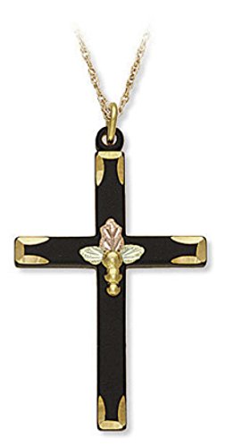 Men's Black Cross Pendant Necklace, 10k Yellow Gold, 12k Green and Rose Gold Black Hills Gold Motif, 18''