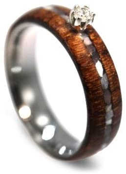 Diamond Solitaire, Mother of Pearl, Honduran Rosewood, Titanium 6.5mm Comfort-Fit Engagement Ring, Size 7.25