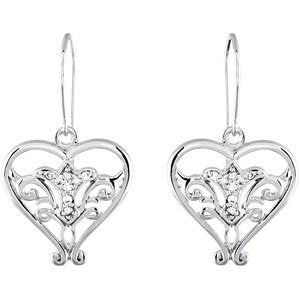Rhodium Plated Sterling Silver Filigree Heart Earrings with White Crystals
