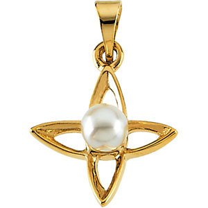 Tiny Cross with Pearl 14k Yellow Gold Pendant