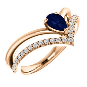 Chatham Created Blue Sapphire Pear Chevron and Diamond 14k Rose Gold Ring (.145 Ctw,G-H Color, I1 Clarity)