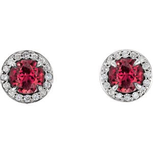 Chatham Created Ruby and Diamond Halo-Style Earrings, 14k White Gold (3.5MM) (.125 Ctw, G-H Color, I1 Clarity)