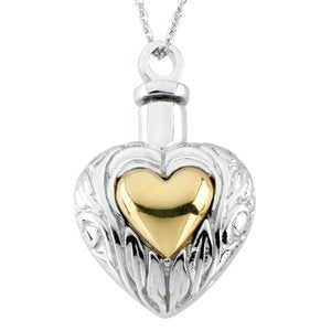 2-Tone Heart Ash Holder Necklace, Rhodium Plate Sterling Silver, 14k Yellow Gold Plate Silver, 18"
