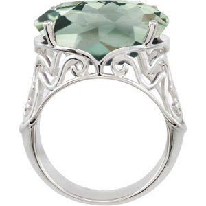 Green Quartz Checkerboard 11.55 Ct Sterling Silver Filigree Ring, Size 10.5