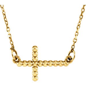 Sideways Beaded Cross 14k Yellow Gold Pendant Necklace, 16.5" (12.05X19.50 MM)