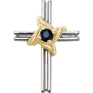 Blue Sapphire Cross 14k White and Yellow Gold Pendant (18.10X12.80 MM)