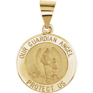 14k Yellow Gold Round Hollow Guardian Angel Medal (15 MM)