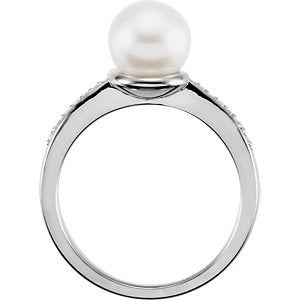 White Freshwater Cultured Pearl Diamond Ring, Rhodium-Plated 14k White Gold (7.5-8mm) (.07Ctw, G-H Color, I1 Clarity) Size 7