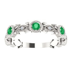Emerald and Diamond and Vintage-Style Ring, Rhodium-Plated Sterling Silver, Size 7.25