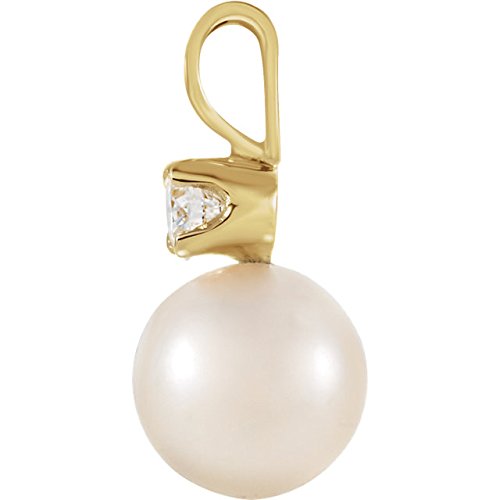 White Akoya Cultured Pearl and Diamond Pendant, 14k Yellow Gold, (7MM) (.10 Ct, Color G-H, Clarity I1)