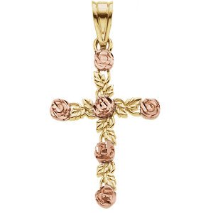 Two-Tone Floral Inspired Cross Pendant, 14k Yellow and Rose Gold (24.25 X 15.50 MM)