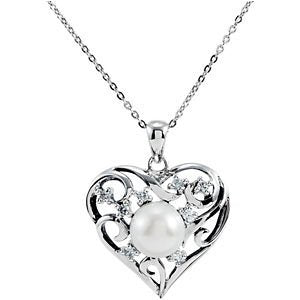 Freshwater Cultured Pearl Heart 'My Treasured Possession' Rhodium Plate Sterling Silver Necklace 18" 9.6M