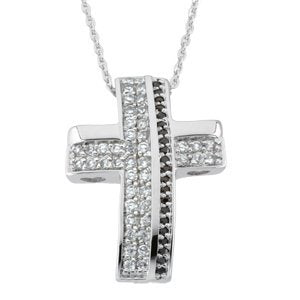 Sterling Silver 'Beauty From Ashes' White and Black Crystals Cross Pendant Necklace 18"
