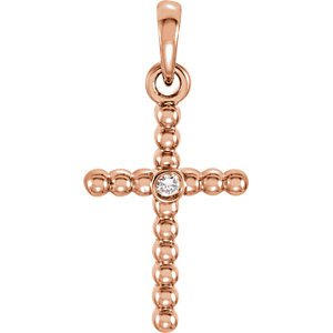 Diamond Beaded Cross 14k Rose Gold Pendant (.015 Ct, G-H Color, I1 Clarity)