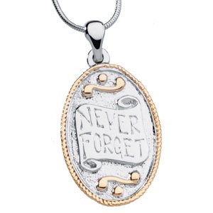 Sterling Silver and 14k Yellow Gold Plate Never Forget Round Pendant Sterling Silver Necklace 18"